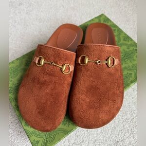Gucci Terracotta Suede Mules with Gold Accent Size EU 38 US 7